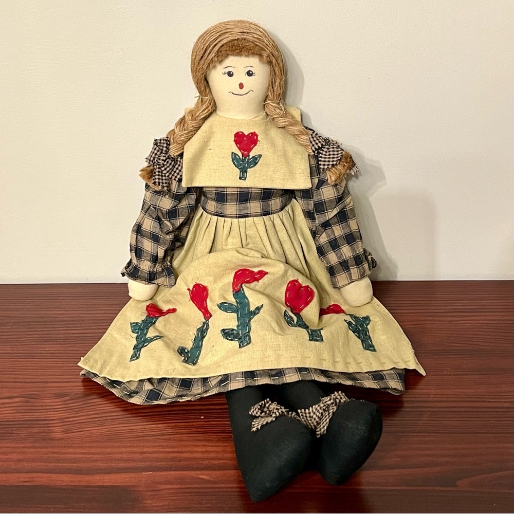 VTG Country Rustic Fabric Doll Shelf Sitter Gingham Dress Apron Primitive 23”
